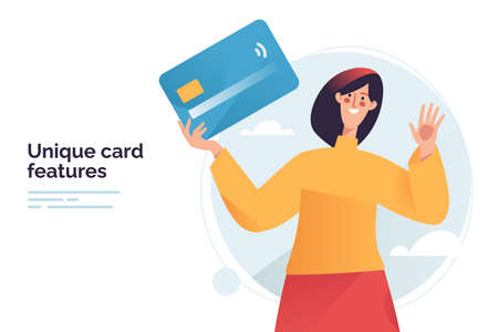 Vector illustration depicting a woman holding debit or credit payment cardのイラスト素材