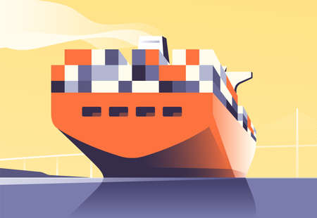 Vector illustration of a loaded container cargo ship passes under the bridgeのイラスト素材