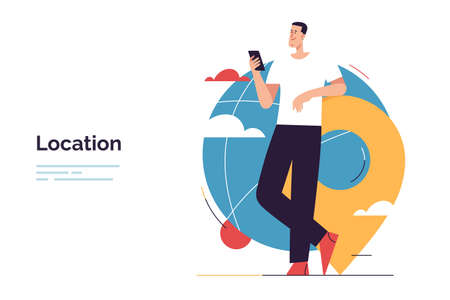Vector illustration depicting a man leaning on a location signのイラスト素材