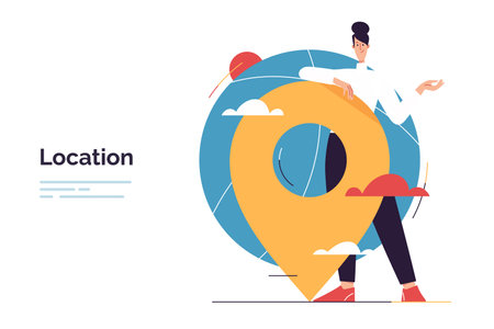 Vector illustration depicting a woman leaning on a location signのイラスト素材