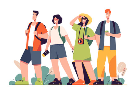 A group of happy friends tourists travelers. Vector illiustrationのイラスト素材