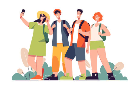 A group of happy friends tourists travelers. Vector illiustrationのイラスト素材