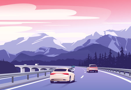 Ilustración de Vector illustration of a cars driving on a bridge over a valley in the mountains - Imagen libre de derechos