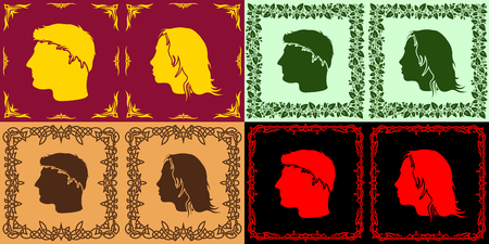 Various square frames with silhouettes of people heads in the centerのイラスト素材