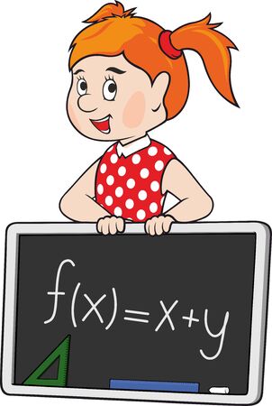 Cartoon red haired school girl with blackboardのイラスト素材