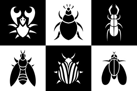 Simple black and white silhouettes of insects and crab Vector illustrationのイラスト素材