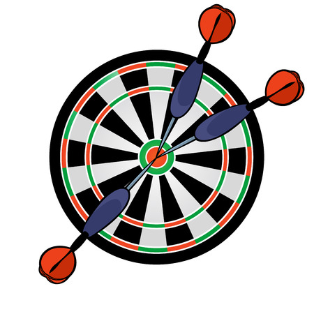 Cartoon dartboard with darts hitting in the target on white backgroundのイラスト素材