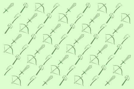 Art with green cartoon pattern of different medieval weaponsのイラスト素材