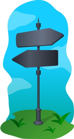 Cartoon illustration with black signpost with two arrows and blue backgroundのイラスト素材