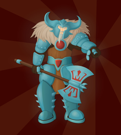Strong cartoon fantasy warrior in heavy armor with big axのイラスト素材