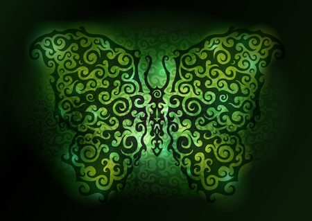 Beautiful vector art with shiny green butterfly on dark backgroundの写真素材