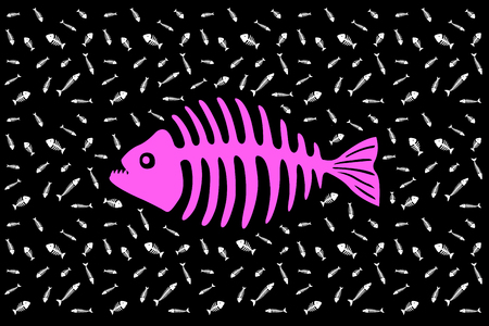 Beautiful background with pink silhouette of piranha skeleton and white pattern with other fish bones on black backgroundの写真素材