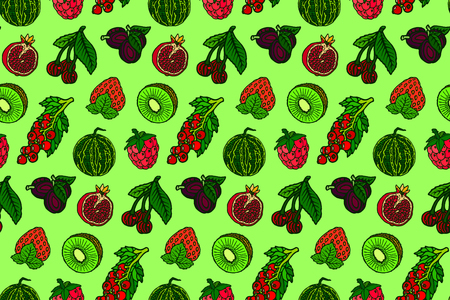 Beautiful seamless pattern with cherries on green backgroundの写真素材