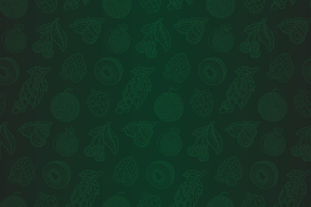 Beautiful art with drawing fruits and berries on green backgroundの写真素材
