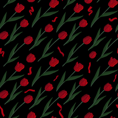 Beautiful seamless pattern with red tulips and ribbons on black backgroundの写真素材