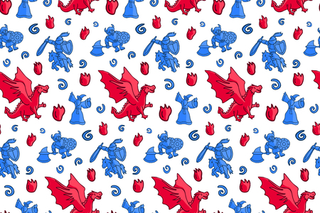 Beautiful seamless funny pattern with cartoon fantasy heroes and dragon on white backgroundの写真素材