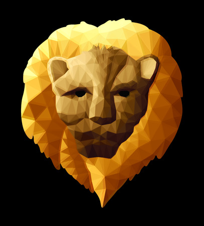 Beautiful low poly illustration with yellow lion head on black backgrondの写真素材