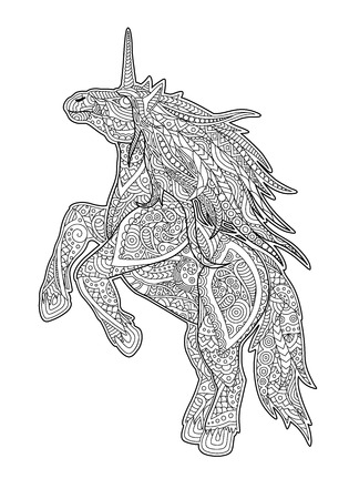 Beautiful adut coloring book page with decorative unicorn on white backgroundのイラスト素材