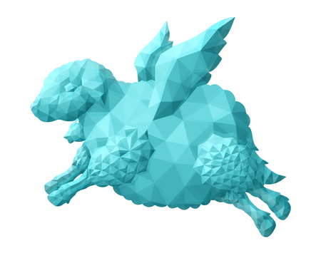 Beautiful low poly illustration with light blue flying sheep on white backgroundのイラスト素材
