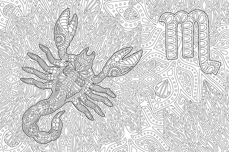 Beautiful monochrome zen art for coloring book page with zodiac sign scorpioのイラスト素材