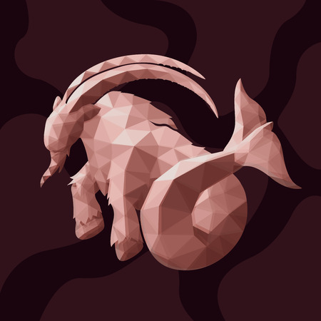 Beautiful low poly illustration with pink capricorn silhouette on dark purple backgroundのイラスト素材