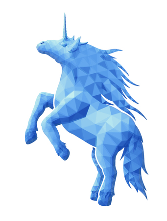 Beautiful low poly illustration with blue unicorn silhouette on white backgroundのイラスト素材