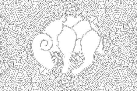Coloring book page with white aries silhouette on beautiful monochrome linear patternのイラスト素材