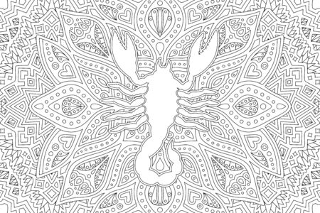 Black and white coloring book page with white scorpion silhouette on beautiful linear backgroundのイラスト素材