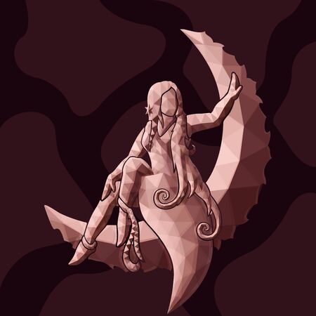 Beautiful low poly illustration with pink girl silhouette on the moonのイラスト素材
