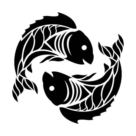 Beauliful monochrome tribal tattoo illustration with zodiac sign pisces  on white backgroundのイラスト素材