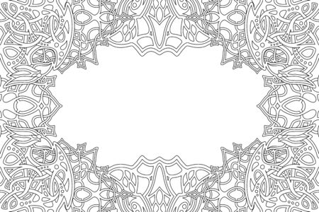 Beautiful monochrome border for coloring book art with abstract linear pattern and white copy spaceのイラスト素材