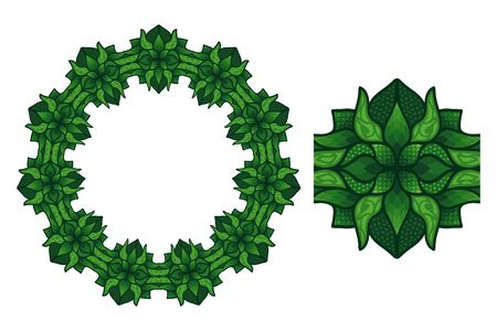 Beautiful abstract illustration with green floral round pattern and paint brush on white backgroundのイラスト素材