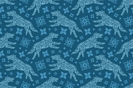 beautiful winter illustration with blue seamless pattern with northern wolf and snowflakesのイラスト素材