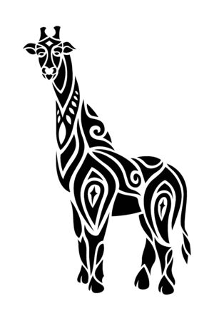 Beautiful tribal monochrome tattoo illustration with black stylized giraffe silhouette on white backgroundのイラスト素材