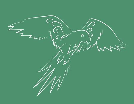 Beautiful linear illustration with white hand drawn parrot silhouette on the green backgroundのイラスト素材
