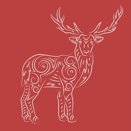 Beautiful linear christmas illustration with hand drawn deer silhouette on the red backgroundのイラスト素材