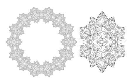 Beautiful linear monochrome illustration for adult coloring book page with wreath and paint brush with blossom on white backgroundのイラスト素材