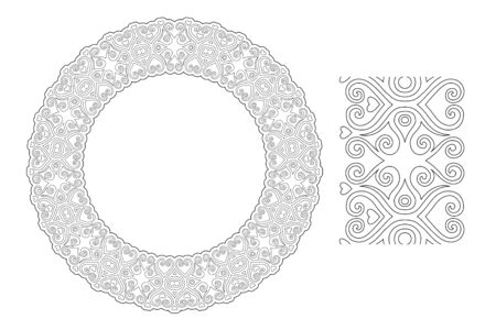 Beautiful monochrome illustration for adult coloring book page with abstract vintage circle pattern and paint brush with heart shapes isolated on white backgroundのイラスト素材