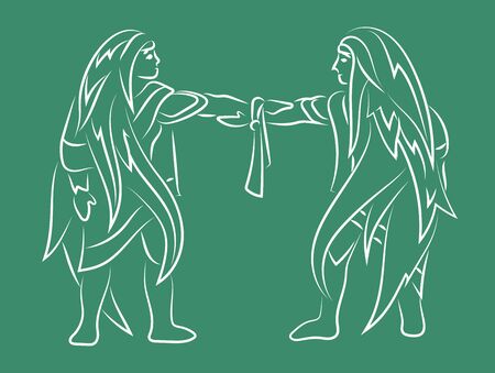 Beautiful linear illustration with white hand drawn gemini symbol on the green backgroundのイラスト素材