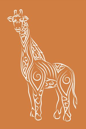 Beautiful hand drawn tribal linear illustration with cartoon giraffe silhouette on the orange backgroundのイラスト素材