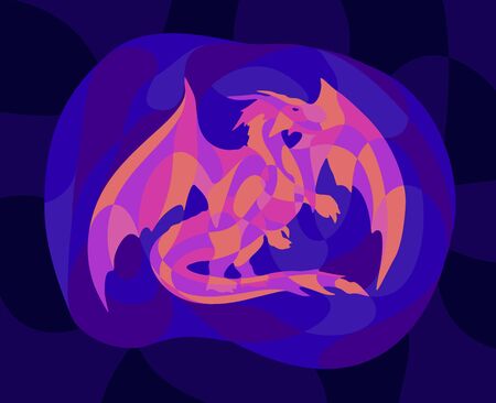 Beautiful colorful fantasy illustration with shiny neon colored dragon silhouette on the dark blue backgroundのイラスト素材