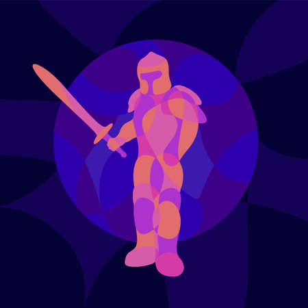 Beautiful colorful illustration with shiny neon colored ancient knight silhouette on the dark blue backgroundのイラスト素材