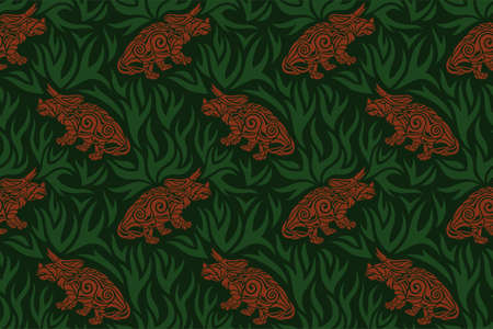 Beautiful seamless pattern with brown tribal triceratops silhouettes on the green backgroundのイラスト素材