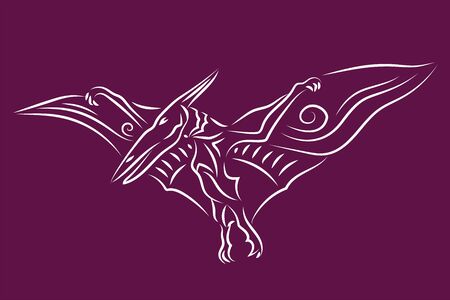 Beautiful hand drawn linear tribal illustration with white pterodactyl silhouette isolated on the purple backgroundのイラスト素材