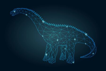 Beautiful starry low poly illustration with shiny stylized diplodocus silhouette on the dark blue backgroundのイラスト素材