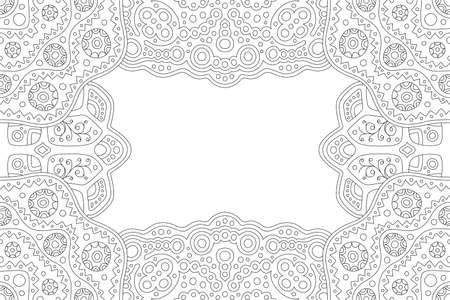 Beautiful monochrome linear illustration for adult coloring book with abstract rectangle border and white copy spaceのイラスト素材