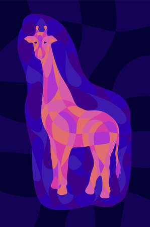 Beautiful colorful illustration with shiny neon colored giraffe silhouette on the dark blue backgroundのイラスト素材