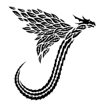 Beautiful tribal tattoo illustration with black flying dragon silhouette on the white backgroundのイラスト素材
