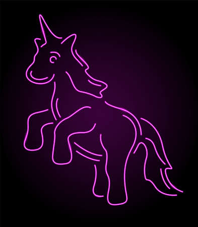 Beautiful colorful linear fantasy illustration with pink illuminated neon unicorn silhouette on the dark backgroundのイラスト素材