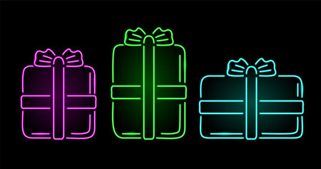 Beautiful colorful linear illustration with illuminated neon gift shapes on the dark backgroundのイラスト素材